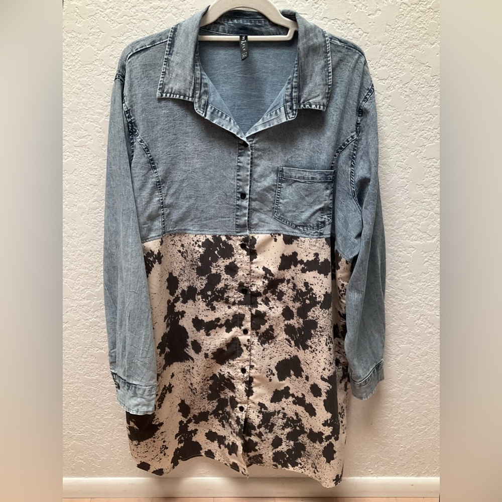 2 Fly Co Denim Chambray & Cowhide Print Long Sleeve Button Down Shirt Dress